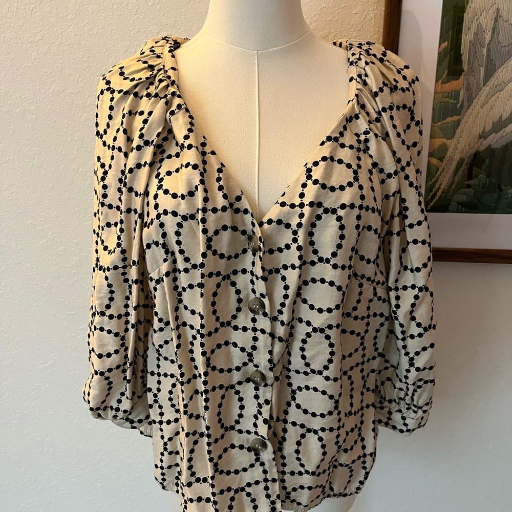 H&M Cream Blouse with Black Dot Chain Print - Button Front